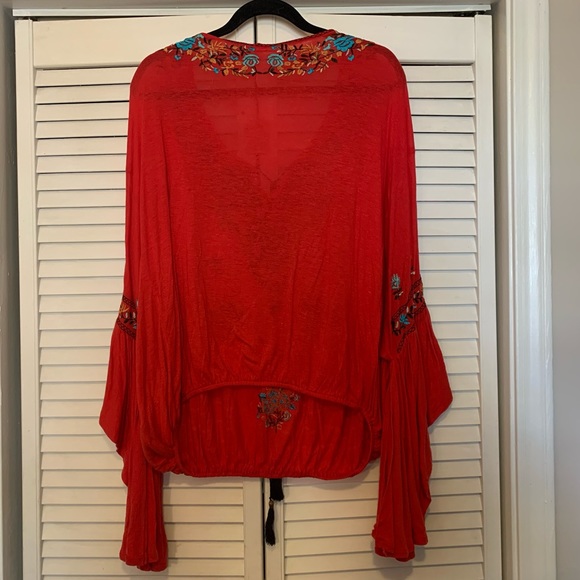 Free People Bohemian Red Embroidered Billowy Puff Bell Sleeve Top NWT - Picture 6 of 8